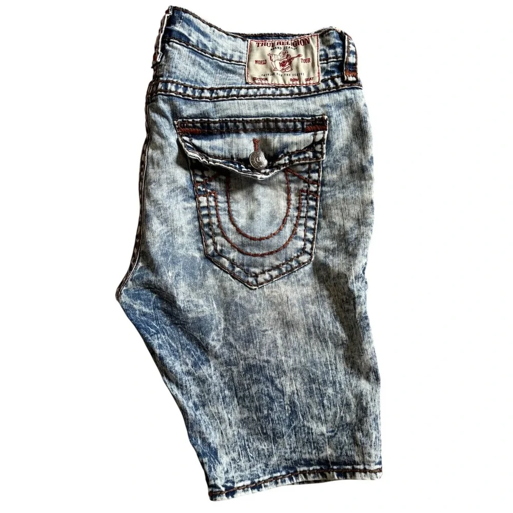 True Religion‎ Rocco Relaxed Skinny Super T Acid Wash Denim Shorts Mens 40 Blue